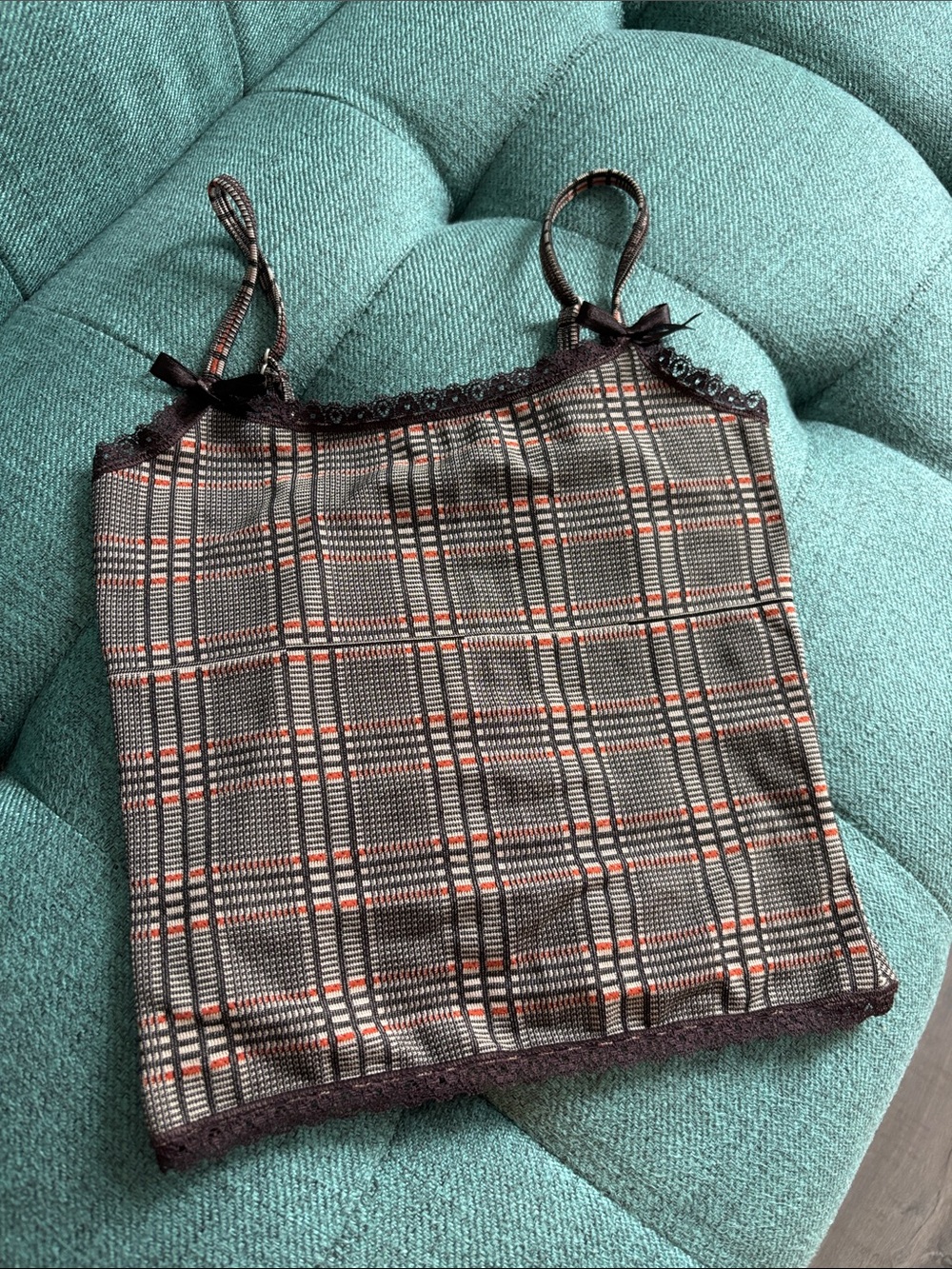 Lace trim plaid bow tank top ☕️